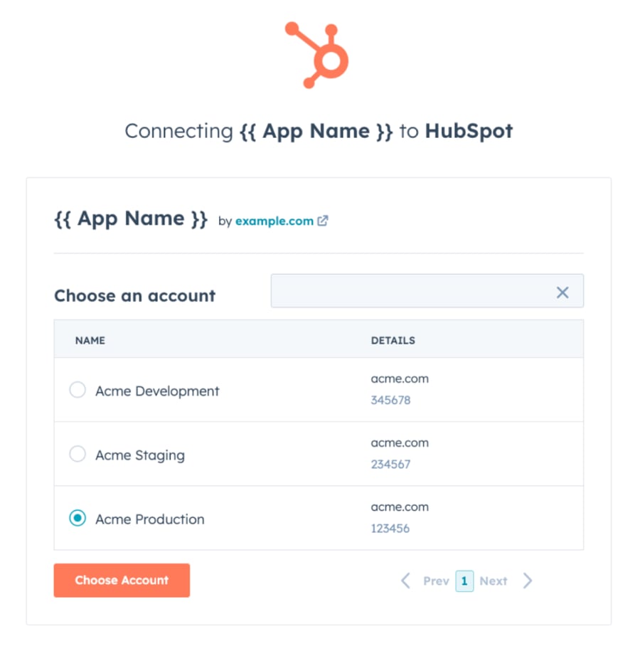 A screenshot of the screen for selecting the HubSpot account to connect to the integration.